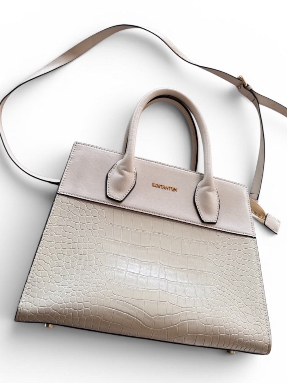 Bostanten Leather Croc Embossed Satchel Crossbody Ivory Cream Top Handle Bag